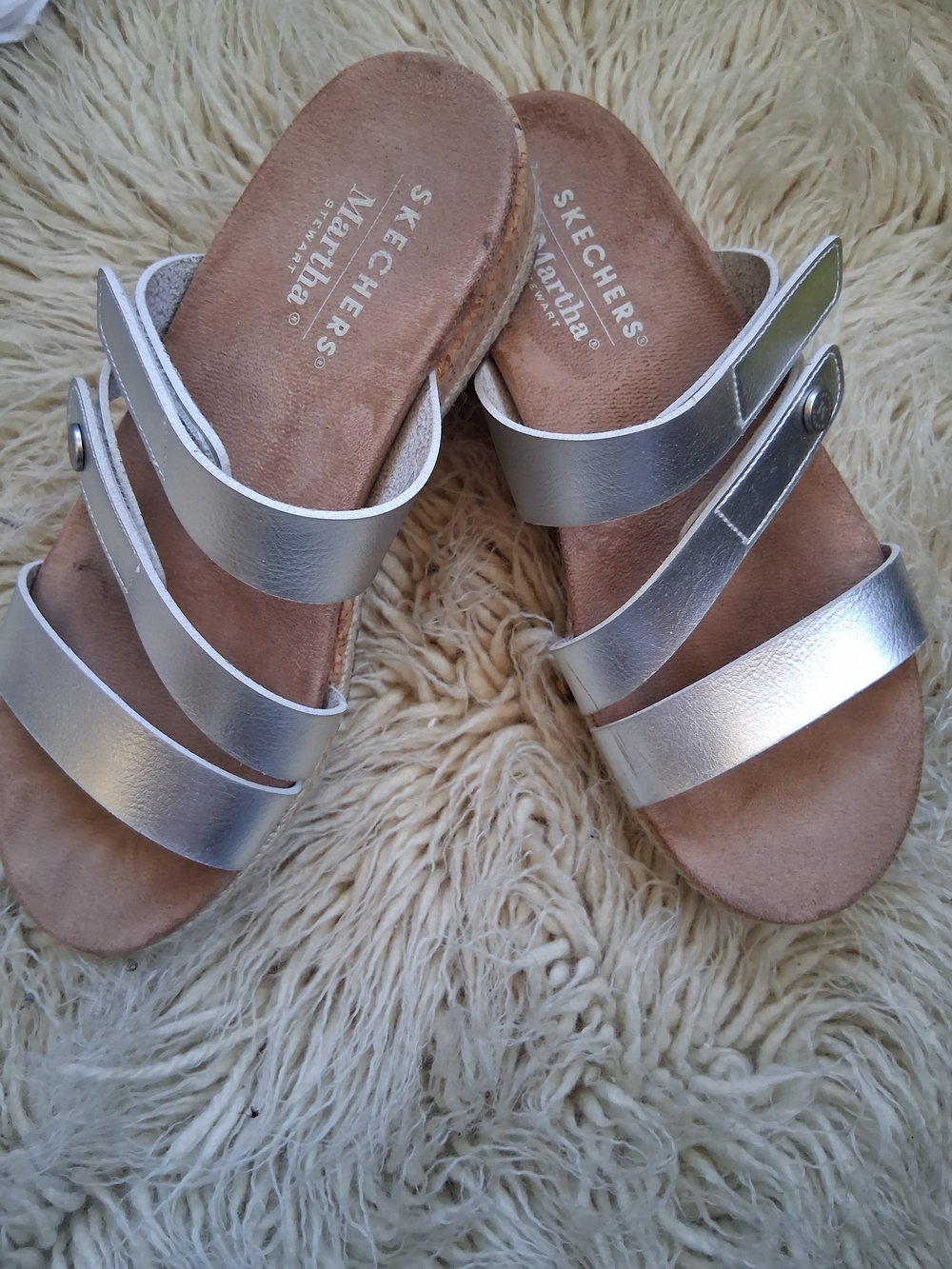 Skechers Metallic Silver Triple-Strap Slide Sandals